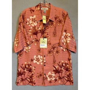 Tommy Bahama Shirt Mens SZ Med 100% Silk Hawaiian Island Palms Camp Pink Red NWT